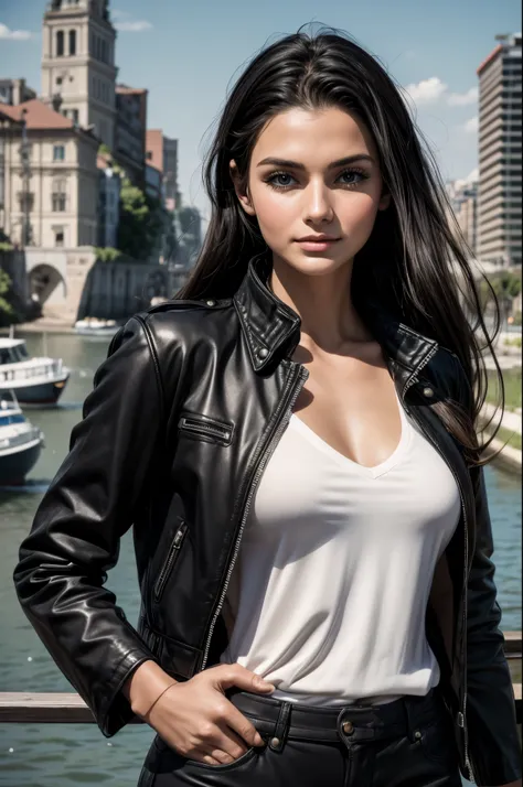 masterpiece, best quality, extremely detailed, hyperrealistic:1.1, photorealistic, a beautiful 20s russian model, ultra detailed face:1.1, black hair, black leather jacket, river, city, half smile, dynamic pose

