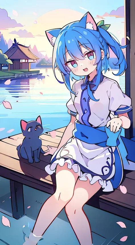 (masterpiece:1.2),ultra-detailed,realistic,expressive eyes,fair-skinned,perfectly shaped face,1girl,
Japanese cartoons,Gorgeous blue hair, flowing blue hair,floating clothes,cat ears,petals falling,beautiful Lola,Hina Angel,
hands on waist,gracefully sitti...