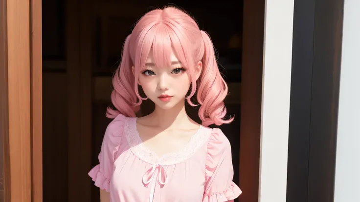 Gloss Lip、Curly Hair、The color of the clothes is pink、Pink twin-tail hair、Pink sexy frill blouse