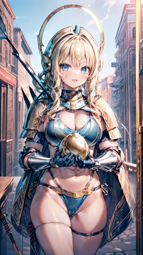 Very detailed、highest quality、(Best image quality:1.5)、(masterpiece:1.5)、8k、Anime Face、A kind smile、Open Mouth、(Beautiful bright blue eyes:1.5)、(Blonde wavy hair:1.5)、Muscles of the whole body、Thigh belt、(Wearing gold bikini armor:1.5)、(Cowboy Shot:1.6)、(W...