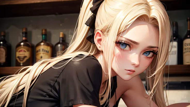 40s　One woman　Black short sleeve T-shirt　Blonde beauty　Long Hair　up　A worn-out bar　Bourbon　Perfect and detailed facial expression　Perfect and detailed eye depiction　Perfect and detailed hair　Perfectly detailed upper body　Perfect and detailed breast depicti...