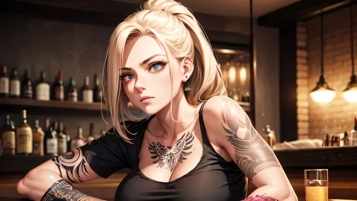 40s　One woman　Black short-sleeved T-shirt, tattoo, beautiful blonde　Long Hair　up　A worn-out bar　Bourbon　Perfect and detailed facial expression　Perfect and detailed eye depiction　Perfect and detailed hair　Perfectly detailed upper body　Perfect and detailed b...