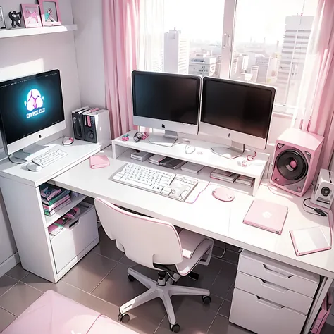 Gamer girl room　pink　white　computer　desk　landscape　Stylish