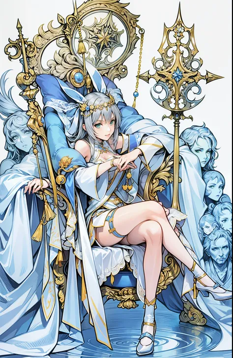 nomura tetsuya, masterpiece, best quality, 1girl, solo,   Green eyes, sit on throne, gray hair