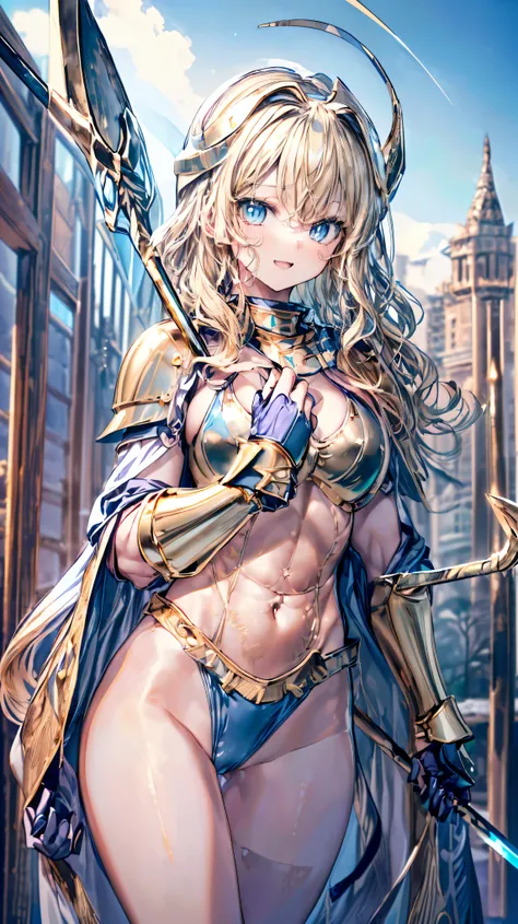 Very detailed、highest quality、(Best image quality:1.5)、(masterpiece:1.5)、8k、Anime Face、A kind smile、Open Mouth、(Beautiful bright blue eyes:1.5)、(Blonde wavy hair:1.5)、Muscles of the whole body、Thigh belt、(Wearing gold bikini armor:1.5)、(Cowboy Shot:1.6)、(W...