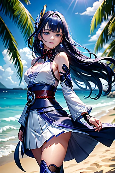 ((Raiden Shogun in Genshin Impact)),((semi long beautiful dark blue hair,beautiful blue eyes)),
((white shirt, white beautiful skirt)),low angle,from below,((masterpiece, highest resolution,best quality)),(solo),(walking around the beach),innocent smile, w...