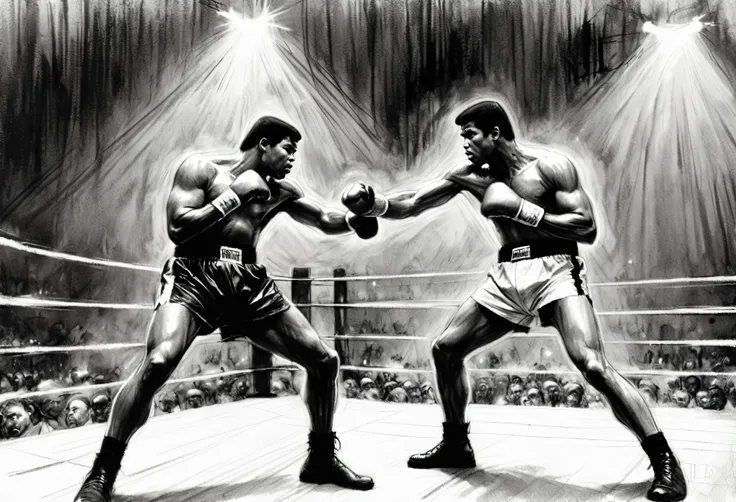 a ch4rc04l sketch of a boxing match in progress, upper body shot of "the rumble in the jungle" between muhammad ali and george f...