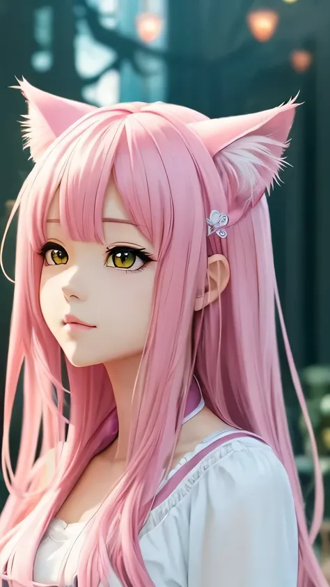 There is a woman with pink hair and cat ears., Very beautiful cute cat girl, Charming cat girl, Real life anime girls, Ultra realistic anime, beautiful Anime cat girl, Anime cat girl, Beautiful young cat girl, Very Beautiful Anime Cat Girl, Surreal , Encha...