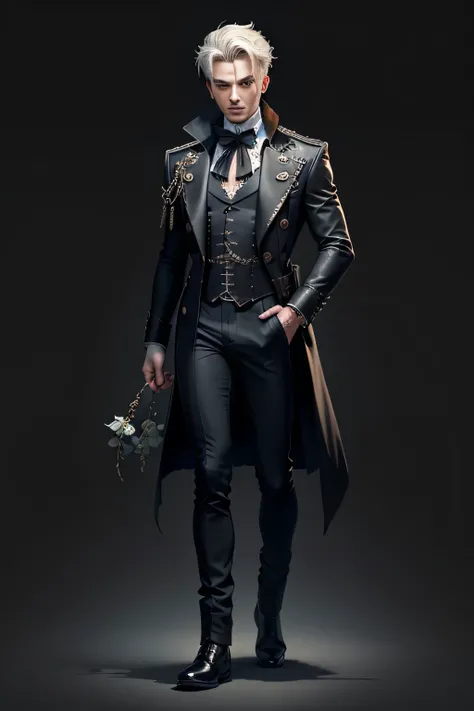 Create an extravagant full-body portrayal of a guy in Gothic style, emphasizing the "guy" theme. The design should feature Gothic elements such as lace, ribbons, and Victorian details, showcasing an elegant and intricate style. Utilize a color palette of b...