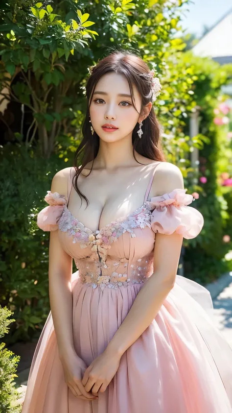 Very detailed CG Unity 8k 壁紙、highest quality、Very detailed、masterpiece、Realistic、The background is a large garden、とてもRealistic、Cute girl with attention to detail、(20-year-old)、blush、Round eyes、Big ample breasts:1.4、audience、Semi Body Shot、Beautiful dresses