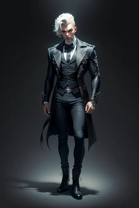 Create an extravagant full-body portrayal of a guy in Gothic style, emphasizing the "guy" theme. The design should feature Gothic elements such as lace, ribbons, and Victorian details, showcasing an elegant and intricate style. Utilize a color palette of b...