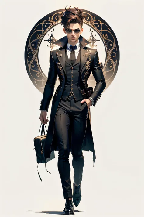 Create an extravagant full-body portrayal of a guy in Gothic style, emphasizing the "guy" theme. The design should feature Gothic elements such as lace, ribbons, and Victorian details, showcasing an elegant and intricate style. Utilize a color palette of b...