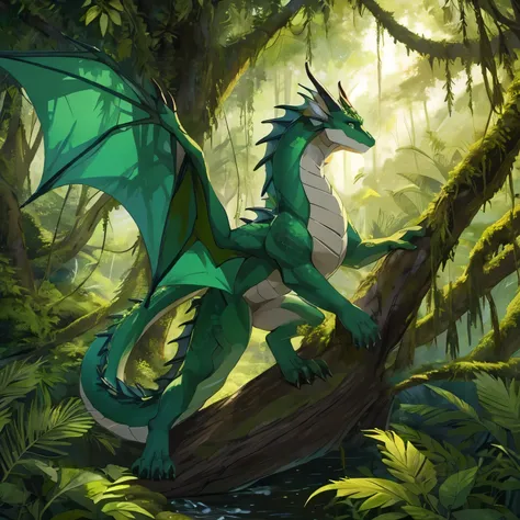 two legs on log, forest dragon, leafy wings, green eyes, pretty woodland scales, woodlands, amazon rainforest, long wavy tail, vines, dense trees, weaving between trees