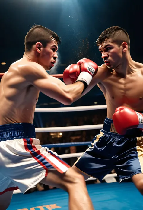 close-up photo of boxers during a boxing match,the moment of the final punch,show movement with motion blur,fighting spirit,look...