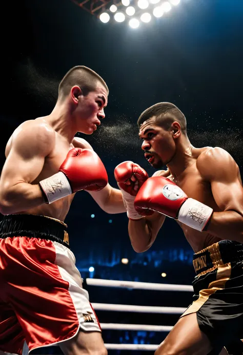 close-up photo of boxers during a boxing match,the moment of the final punch,show movement with motion blur,fighting spirit,look...