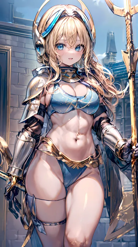 Very detailed、highest quality、(Best image quality:1.5)、(masterpiece:1.5)、8k、Anime Face、A kind smile、Open Mouth、(Beautiful bright blue eyes:1.5)、(Blonde wavy hair:1.5)、Muscles of the whole body、(Thigh belt:1.3)、(Wearing gold bikini armor:1.5)、(Cowboy Shot:1...