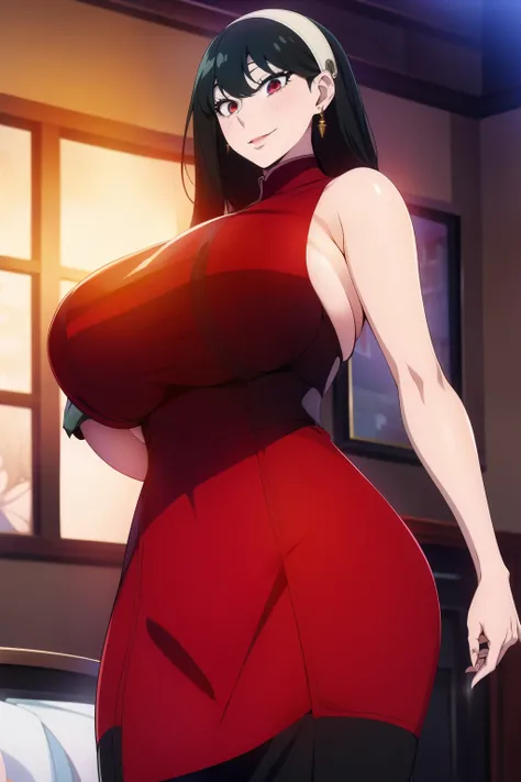 An anime-style artwork depicting yor from the anime spy x family

Tags: Yor Forger, holding, black hair, (chinese dress:1.1), miniskirt, hairband,  sidelocks,  looking at viewer,  bare shoulders, standing,  earrings,  short hair with long locks, jewelry, c...