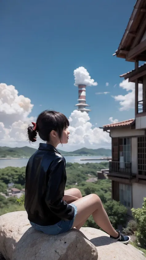 Anime girl sitting on a rock looking at the sky,A tower piercing the sky in the distance, makoto shinkai cyril rolando, anime art wallpaper 4k, anime art wallpaper 4k, Cyril Rolland and Goro Fujita, anime art wallpaper 8k, 4k anime wallpaper, anime wallpap...
