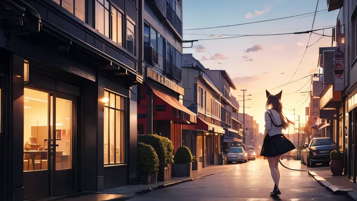 Stroll through the city at sunset、Beautiful girl with cat ears and headphones