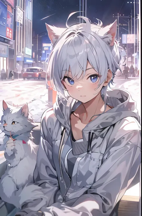 masterpiece, 最high quality, high quality, One boy, alone, Men&#39;s Center, Displaying the viewer, Upper Body, Nanase_Haruka，Silver Hair，Cat ear