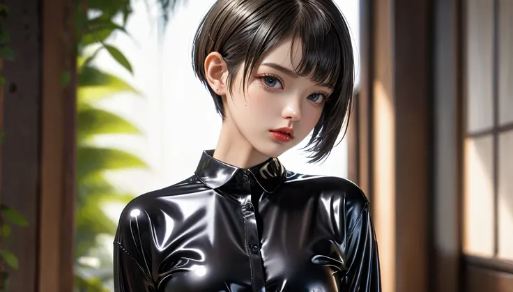 Top Quality, Masterpiece, High Resolution, 8k, (((skinny girl, full body shot, oversized shiny rubber shirt, bare back, hot pants, small perky breasts, beautiful detailed eyes, beautiful detailed lips, small closed mouth, extremely detailed face, pixie sid...