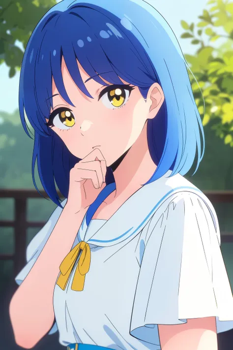 masterpiece, best quality, 1 girl, ultra detail, medium hair length, sky blue hair,  golden yellow eyes,  bangs, light blue hair...