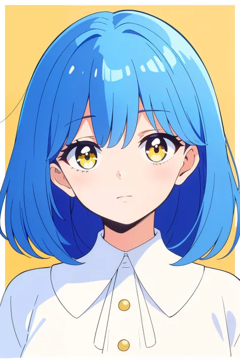 masterpiece, best quality, 1 girl, ultra detail, medium hair length, sky blue hair,  golden yellow eyes,  bangs, light blue hair...