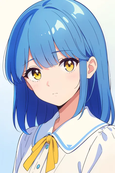 masterpiece, best quality, 1 girl, ultra detail, medium hair length, sky blue hair,  golden yellow eyes,  bangs, light blue hair...