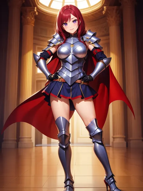 (masterpiece, best quality, high quality),solo, looking_at_viewer, smile, skirt, purple_eyes, standing, red_hair, boots, armor, ...