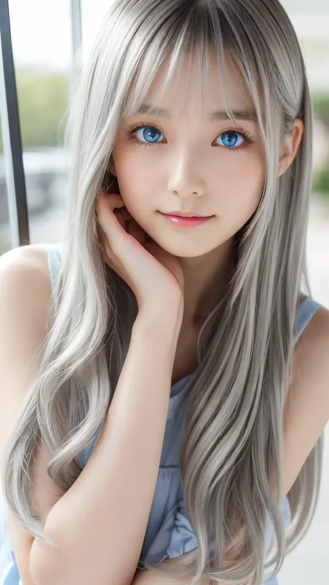 Shining, clear, white skin、Her windblown silver hair hides her beautiful face.、huge、28 years old cute sexy little beautiful face、Beautiful straight hair that stands out、growing up, Sparkling light blue eyes、long silky bangs that cover cute eyes, Sexy and c...