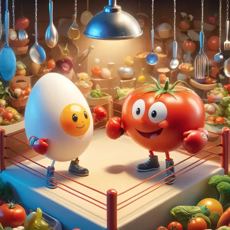 imagine a whimsical scene where a charming egg and a plump tomato stand in a boxing ring, poised for a friendly bout. the egg, s...