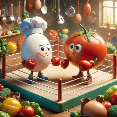 imagine a whimsical scene where a charming egg and a plump tomato stand in a boxing ring, poised for a friendly bout. the egg, s...