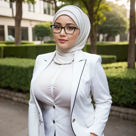 56 Years Old, ((Beautiful Hijab Nerdy Indonesian Mature woman)), White Porcelain skin, (Huge Tits) Curvy body, wearing Blazer, ((Tight Unbuttoned Blazer)), (Curvy Body), Full body shot, Professional Photoshot, Professional High Lightning, At Daytime, Light...