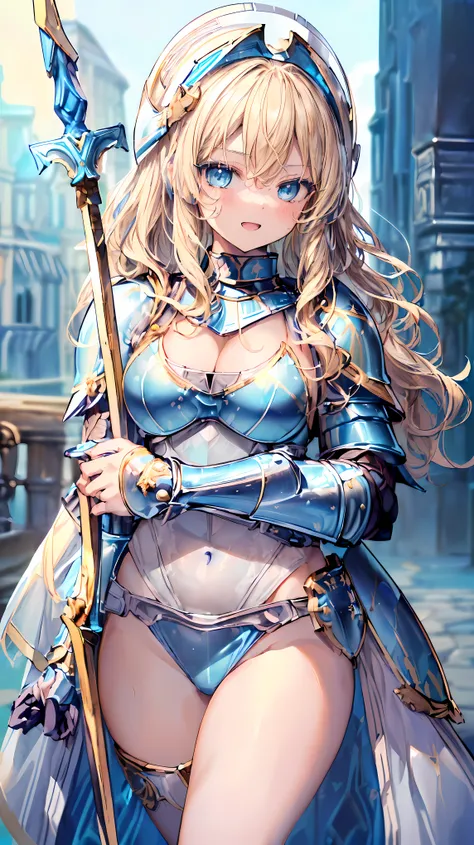 Very detailed、highest quality、(Best image quality:1.5)、(masterpiece:1.5)、8k、Anime Face、A kind smile、Open Mouth、(Beautiful bright blue eyes:1.5)、(Blonde wavy hair:1.5)、Muscles of the whole body、(Thigh belt:1.3)、(She is wearing bikini armor with gold armor a...