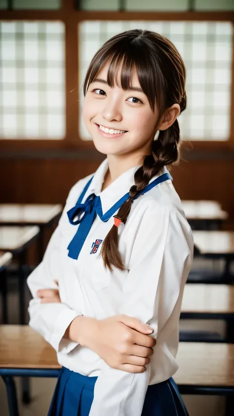 Lens 135mm f1.8, (highest quality),(RAW photo), , (Beautiful 15 year old Japanese girl), cute face, (deeply carved face:0.7), (freckles:0.6),  lighting, (japanese school uniform), (inside the school in the classroom), shy, twintails, (cowboy shots of:1.2),...