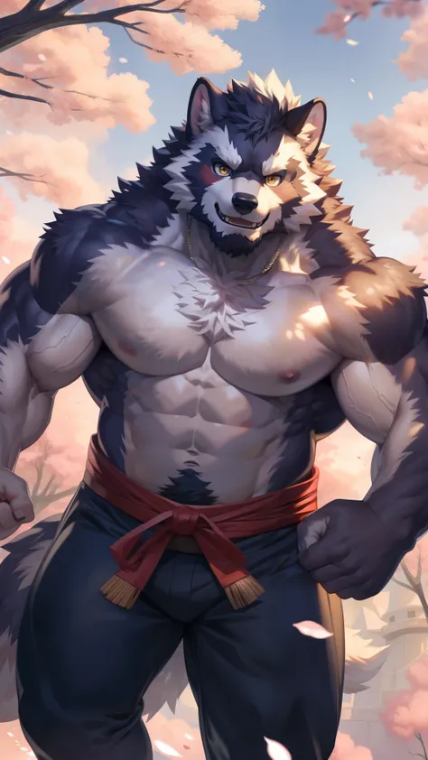 Solitary, anthropology, hairy, hairy male, Wolf, ((Fluffy fur, Fluffy, hairy body)), (Wolf印), (black beard), middle aged, Gray body, White belly, muscular, White, Big muscles, Yellow eyes, Tail, deTailed teeth, deTailed face, Fundos,((Open it) White Hanfu)...