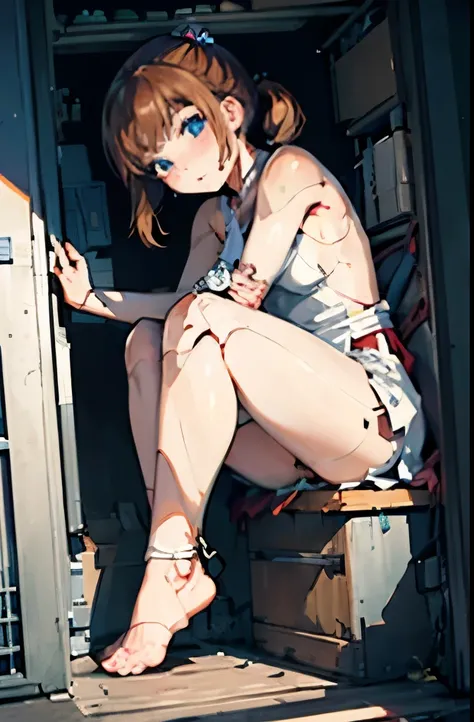 A Female robot is sleeping in a fridge, spread legs, nude, banzai pose. she wears no dress. She Brown short hair is tied with two big red clothespins, She lifts up the under hem of her white plain dress, leaning over, masterpiece, very short pigtails,brown...