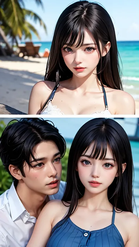 Couple dating on the beach、Handsome men and beautiful women、Woman has black hair、bangs、Long Hair