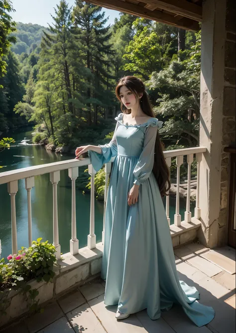 Standing on the balcony of a high-rise Western castle１People Women、A pretty girl like Rapunzel、Wearing a princess dress、Forests and rivers below、Full body photo、masterpiece、highest quality、Very detailed、Official Art