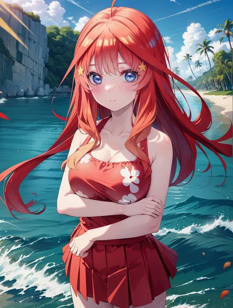 itsukinakano, Itsuki Nakano, bangs, blue eyes, Hair between the eyes, Ahoge, Redhead, star (symbol), hair ornaments, star hair ornaments,Big straw hat,Red Bikini,Bare Belly, (Beach salon), (Beautiful big breasts:1.3), ((salon)), Beach outfit,real summer,P...