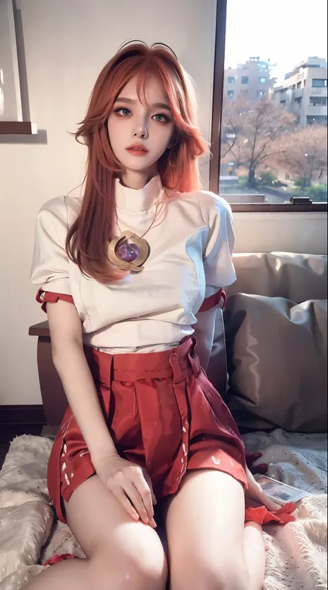 ((best quality)), ((masterpiece)), (detailed), perfect face, pretty face, beautiful female, beautiful body, perfect body, head accessories, at the park, short sleeve sweater, mini skirt, at the apartment room, living room