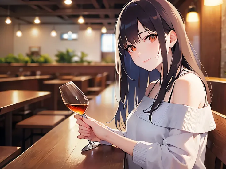 holding a wine glass, Upper Body, Realistic, real person, (pale skin: 1.2), RAW photo, photorealistic, portrait photography, shiny skin, shiny hair、(A 25-year-old woman with medium-length hair and bangs) and (wavy hair) and (brown hair) and (orange eyes) ,...