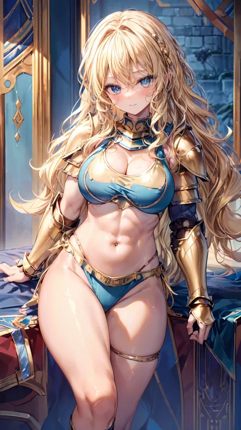 Very detailed、highest quality、Best image quality、masterpiece、8k、Anime Face、A kind smile、Open your mouth、Sparkling blue eyes、(Blonde wavy hair:1.5)、、Muscles of the whole body、camisole、Thigh belt、mini skirt、(Wearing gold bikini armor:1.5)、(Cowboy Shot:1.5)、(...