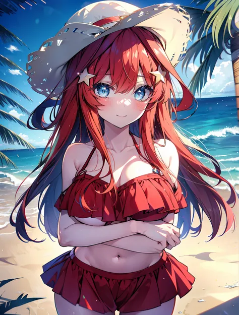 itsukinakano, Itsuki Nakano, bangs, blue eyes, Hair between the eyes, Ahoge, Redhead, star (symbol), hair ornaments, star hair ornaments,Big straw hat happy smile, smile, Open your mouth,Red Bikini,Bare Belly, (Beach salon), (Beautiful big breasts:1.3), (...