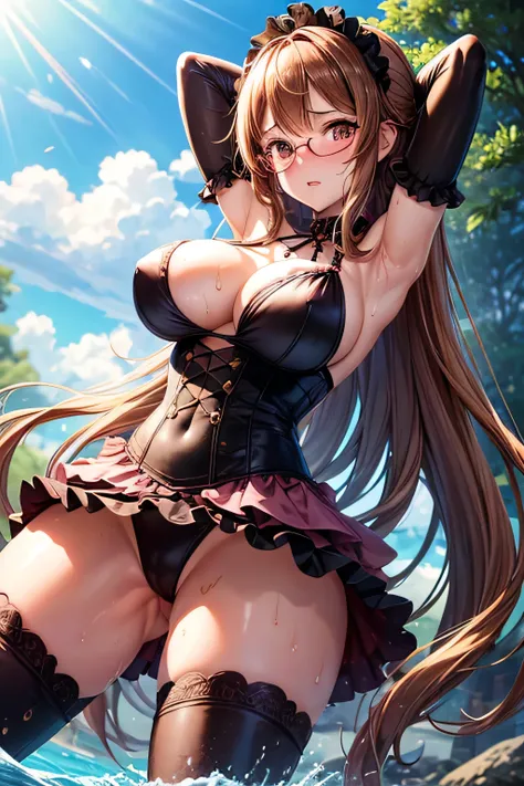 High resolution, high quality, 1 girl, Anime Girls, Brown long hair, Brown eyes, Pink Glasses, Sunburned skin, Large Breasts,beautiful breasts,pointy breasts, (Big Ass),Beautiful ass,sweat,wet,Embarrassed,gold gothic lolita,arms behind head,open legs,(wate...