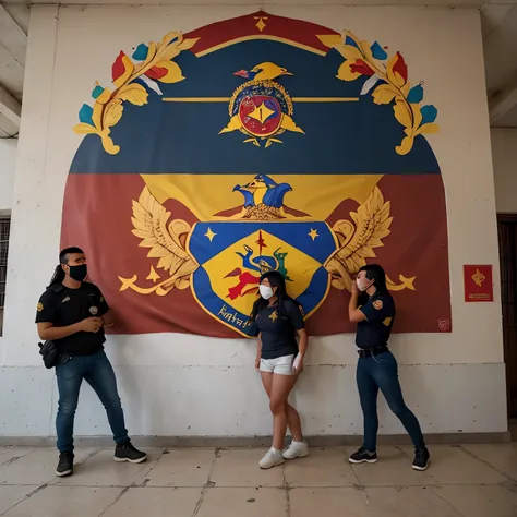 Mural con el escudo de premilitar y la bandera de Venezuela en el fondo, with students practicing closed order around them.