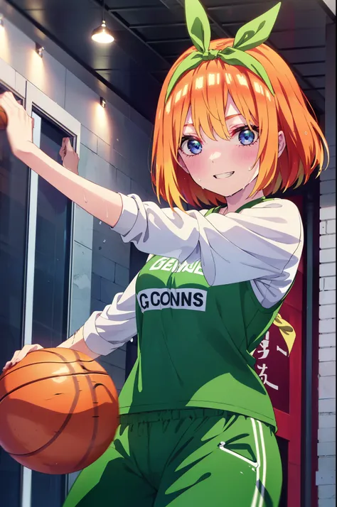 yotsubanakano, Yotsuba Nakano, bangs, short hair, blue eyes, Hair between the eyes, hair ribbon, hair band, Orange Hair, (Green ribbon:1.5), smile, Grin,smile,Sweat,Wet Skin,
(Dynamic pose:1.2), /(Basketball Uniforms/Basketball Pants), /bangs, (highest qua...