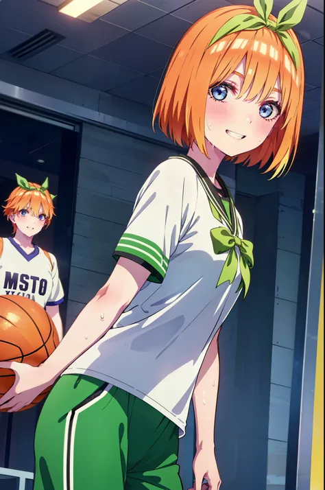 yotsubanakano, Yotsuba Nakano, bangs, short hair, blue eyes, Hair between the eyes, hair ribbon, hair band, Orange Hair, (Green ribbon:1.5), smile, Grin,smile,Sweat,Wet Skin,
(Dynamic pose:1.2), /(Basketball Uniforms/Basketball Pants), /bangs, (highest qua...