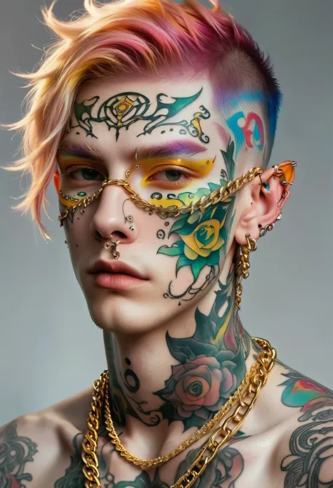 (masterpiece, best quality:1.2),photo of a white man，elf ears，he wears a gold chain，face painting，gears on the face，color tattoo...