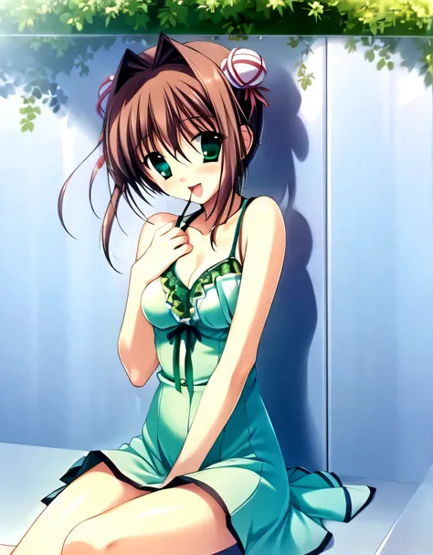 asakura_yume,Brown Hair,Normal chest,Aqua Eye,White skin,(((Karaoke store))),((Sitting)),((((Bust up shot)))),(((((green_Summer Dresses))))),((valley)),No bra,smile,Open your mouth,